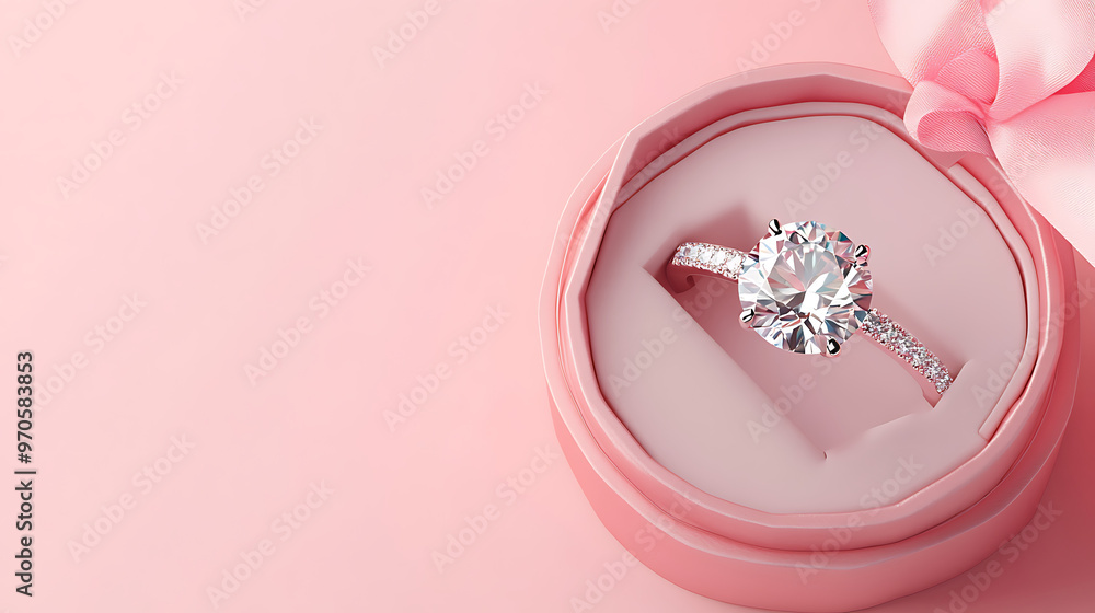 Diamond ring in jewelry gift box floated on pink background, Text area Diamond ring in jewelry gift box floated on pink background, Text area