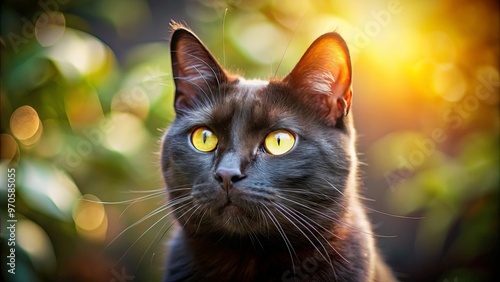 Black cat with vibrant yellow eyes gazes up in soft sunlight, showcasing beauty and mystery