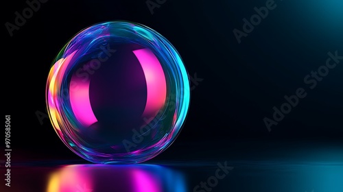 Vibrant iridescent bubble with reflection on dark background photo