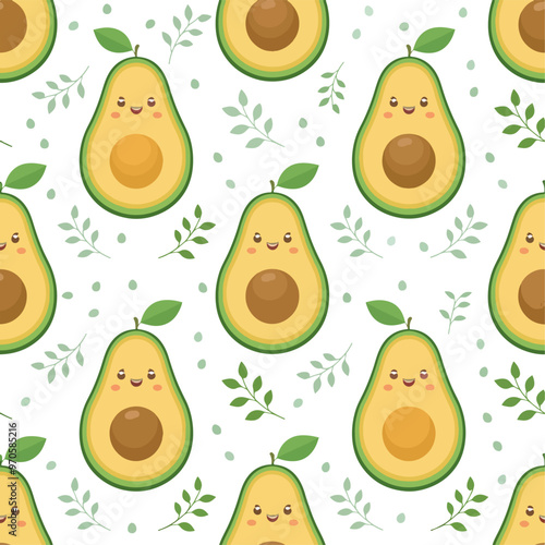 Seamless pattern of cute Avocado, white background