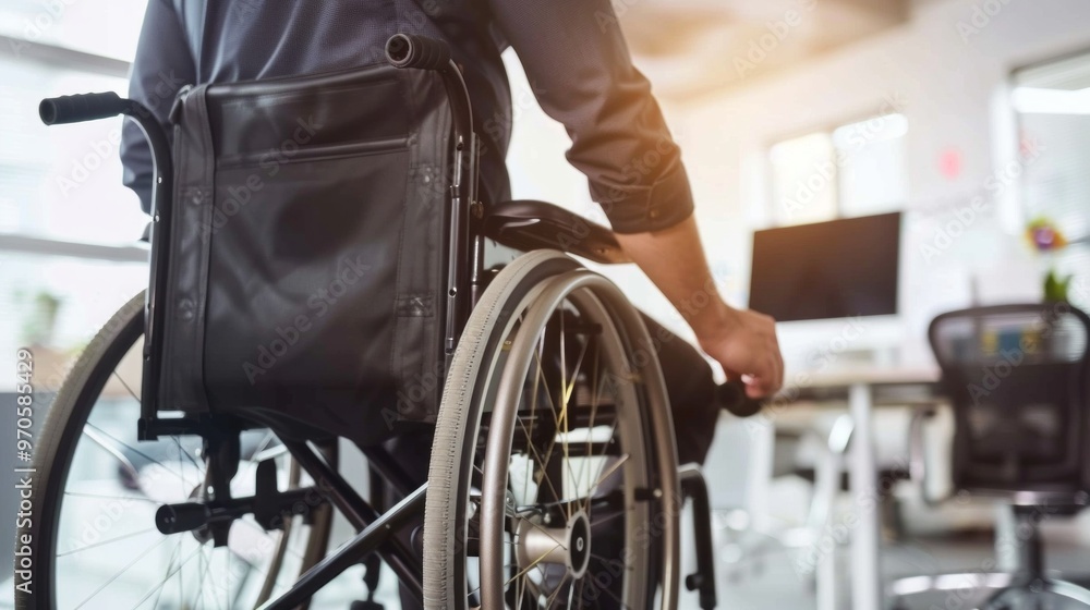 A man in a wheelchair is sitting in front of a computer A man in a wheelchair is sitting in front of a computer