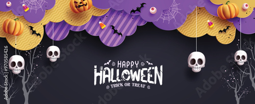 Happy halloween party greeting text vector banner design. Halloween trick or treat greeting with clouds paper cut, hanging  skull elements and pumpkins decoration. Vector illustration holiday season 