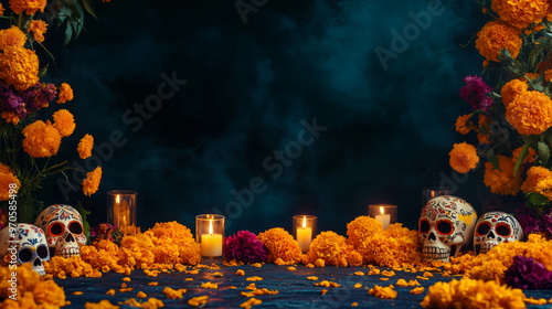A beautifully arranged altar for Dia de los Muertos, featuring marigold flowers, sugar skulls, and candles on the left side of the frame.