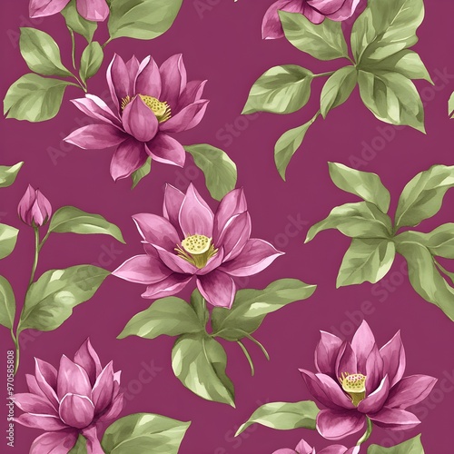 Watercolor Pink Lotus Flowers and Green Leaves Seamless Pattern