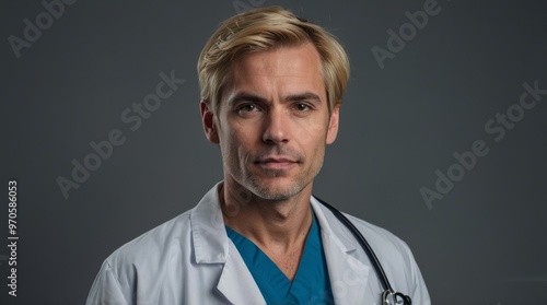 Man doctor with blond hair against gray wall