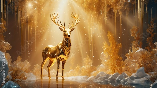 Golden Deer Stands Tall in a Mystical Winter Forest, Surrounded by Sparkling Snow and Light photo