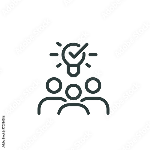 Creative community, collective insight, group knowledge outline icon. Line sign group of three people with light bulb above their heads. Vector isolated pictograms on white background editable stroke.