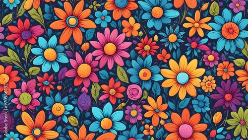 A seamless pattern with colorful flowers on a dark blue background.