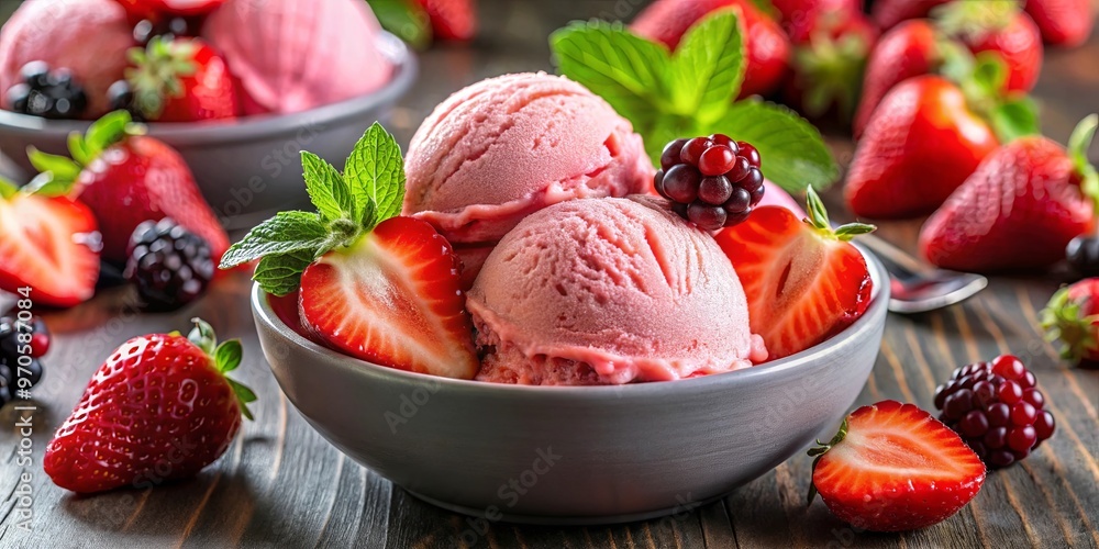 Fresh strawberry ice cream garnished with ripe strawberries and juicy blackberry pieces Fresh strawberry ice cream garnished with ripe strawberries and juicy blackberry pieces