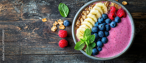 A healthy smoothie bowl with fresh fruits and nuts on a wooden table