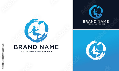 Kiteboarding glyph icon. Watersport, extreme kind of sport. Summer vacation activity and hobby. Catching wave and power of wind. Silhouette symbol. Negative