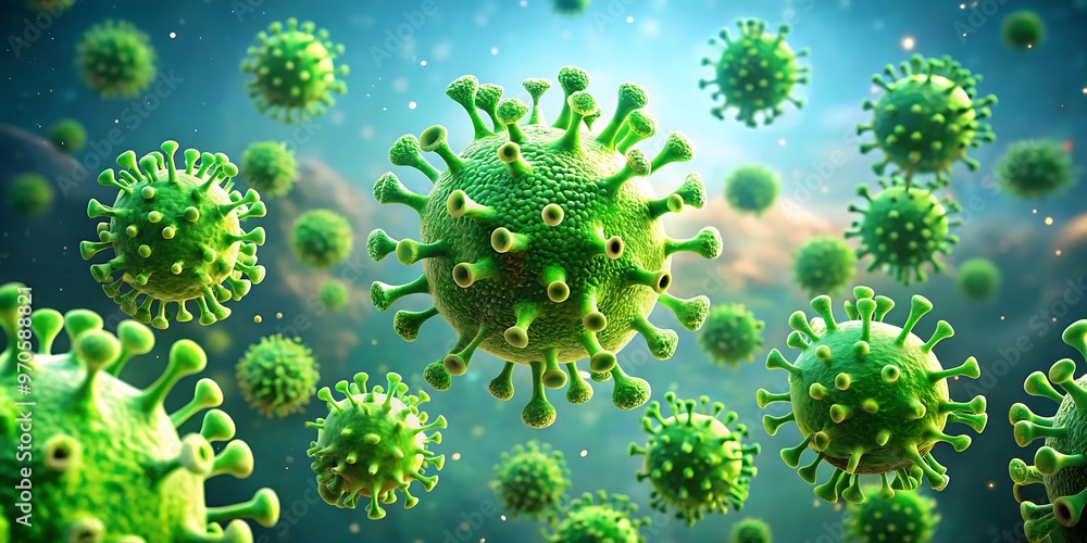a bunch of green viral covid cells flying in a human body a bunch of green viral covid cells flying in a human body