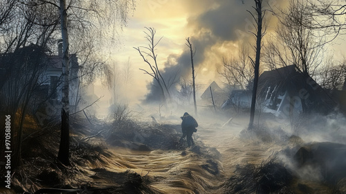 scene depicts dramatic landscape affected by natural disaster, showcasing person navigating through misty, smoky environment with damaged structures in background. atmosphere conveys sense of urgency