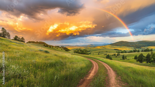 A breathtaking summer scene with lush green meadows bathed in golden evening light. A winding country road leads through the landscape, with a vibrant rainbow arching across the dramatic sky.