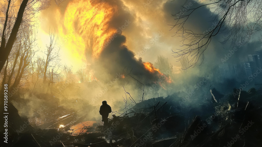 Fototapeta premium A dramatic scene of person silhouetted against backdrop of flames and smoke, capturing intensity of natural disaster. atmosphere is filled with tension and urgency