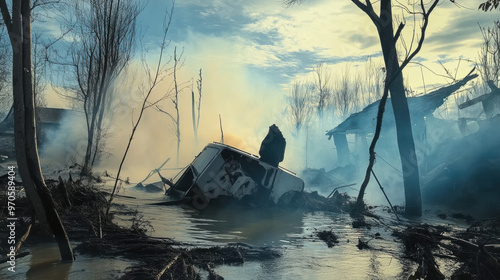 image depicts haunting scene of destruction and natural disaster, showcasing submerged vehicle amidst foggy landscape with trees and remnants of buildings. atmosphere conveys sense of loss and devast photo