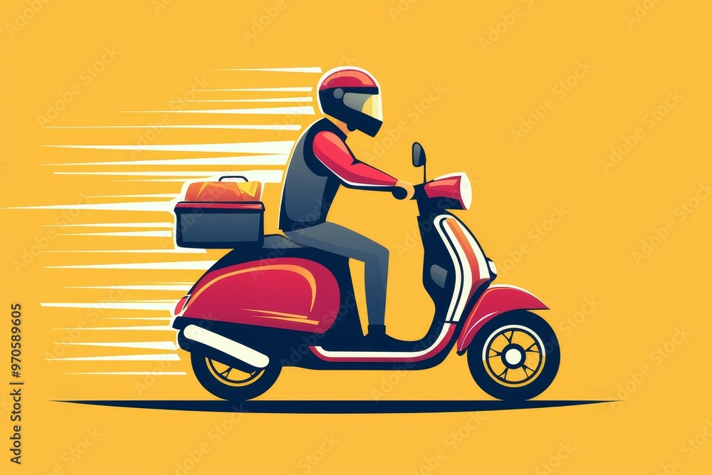 A delivery man is riding a scooter which has a box securely on the back A delivery man is riding a scooter which has a box securely on the back