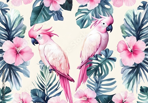 Pink Cockatoos and Hibiscus Flowers in Tropical Leaves photo