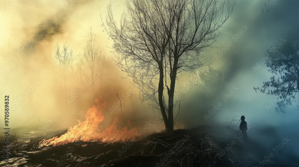 Fototapeta premium A dramatic scene of wildfire with smoke and flames engulfing landscape, showcasing impact of natures fury. solitary figure stands amidst chaos, highlighting urgency of situation