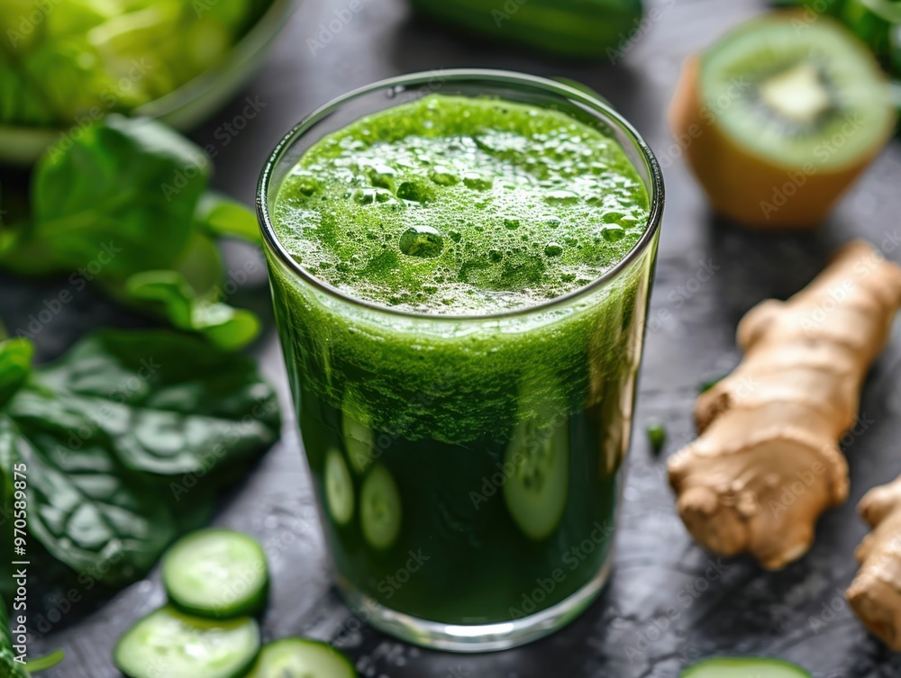 Close-up of a glass of green detox juice surrounded by natural ingredients emphasizing dietary fiber Close-up of a glass of green detox juice surrounded by natural ingredients emphasizing dietary fiber