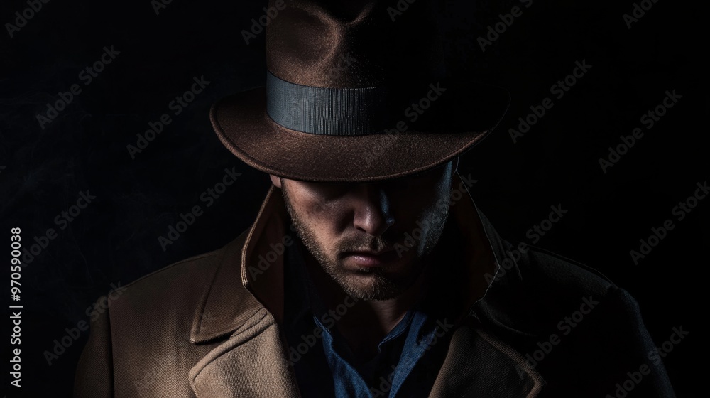 Mysterious Detective in Shadowy Silhouette wears a Fedora Hat and Trench Coat on black background Mysterious Detective in Shadowy Silhouette wears a Fedora Hat and Trench Coat on black background