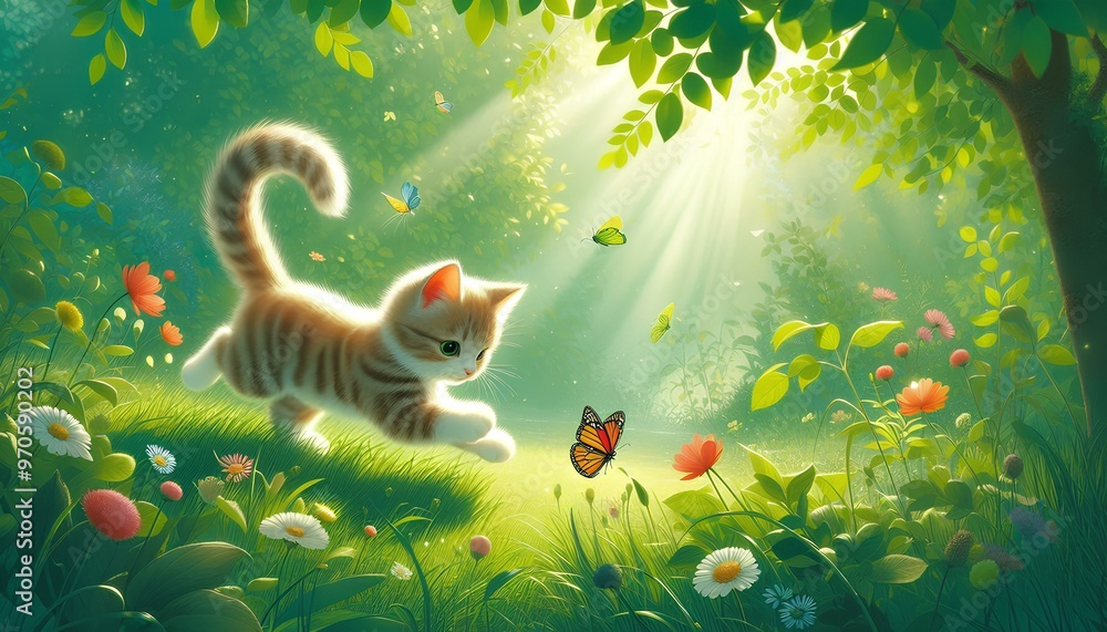 Cat chases butterflies on lush grass in the sun Cat chases butterflies on lush grass in the sun