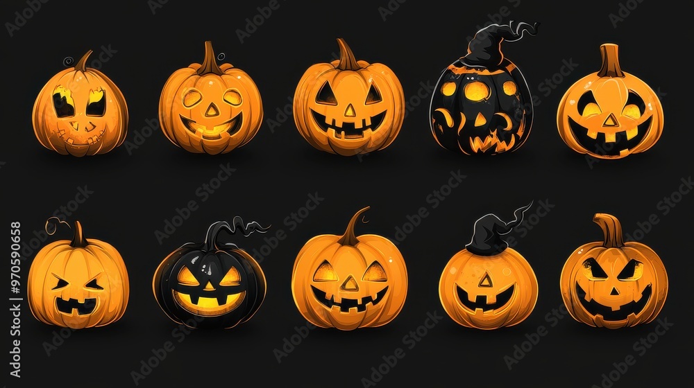 A Halloween icon set with a cute and playful style, including cartoonish pumpkins and ghosts, on a white background A Halloween icon set with a cute and playful style, including cartoonish pumpkins and ghosts, on a white background