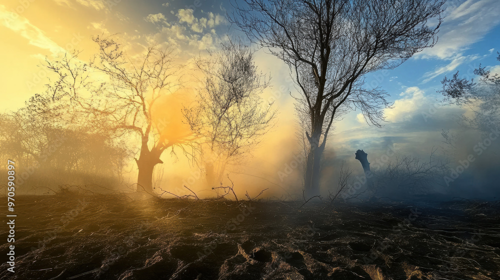 Obraz premium A serene landscape featuring trees shrouded in mist during sunset, with warm golden light illuminating scene. atmosphere evokes sense of calm and tranquility amidst natures beauty