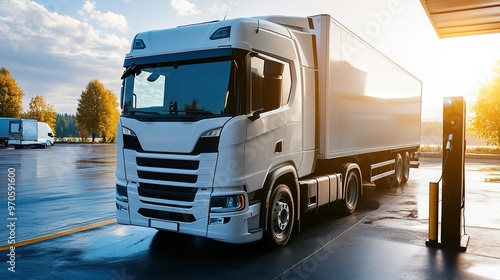 White truck at sunset in parking lot photo