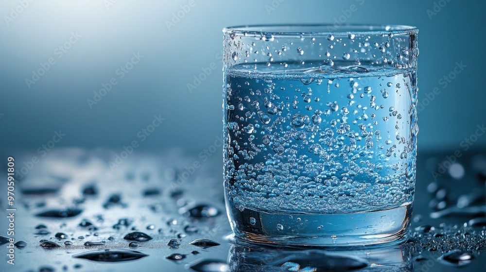 A glass of sparkling water with bubbles on a reflective surface. A glass of sparkling water with bubbles on a reflective surface.