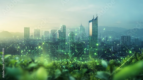 Green energy concept in modern city with plants.