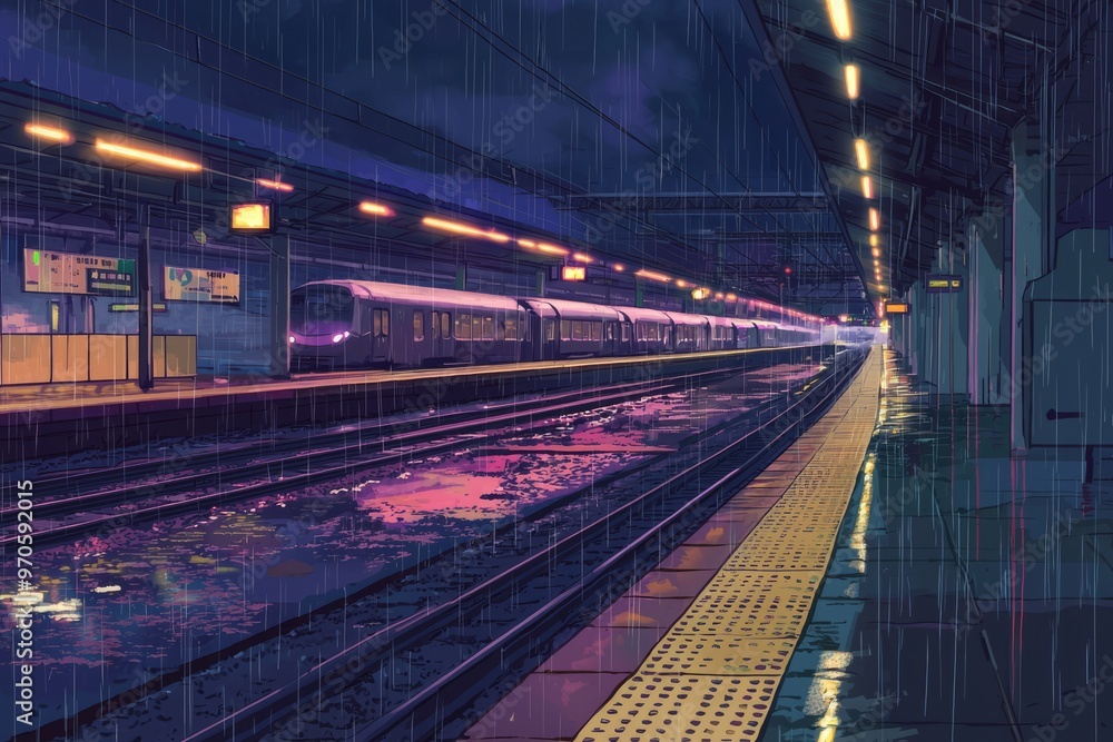 Fototapeta premium A Calm Rainy Train Station With Soft, Glowing Lights And Cozy Reflections On Wet Surfaces Creating A Peaceful Vibe, Generative AI 