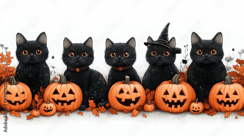 A Halloween vector with adorable black cats and jack-o'-lanterns, in a fun, colorful style, on a white background A Halloween vector with adorable black cats and jack-o'-lanterns, in a fun, colorful style, on a white background