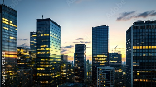 City skyline at dusk with illuminated buildings