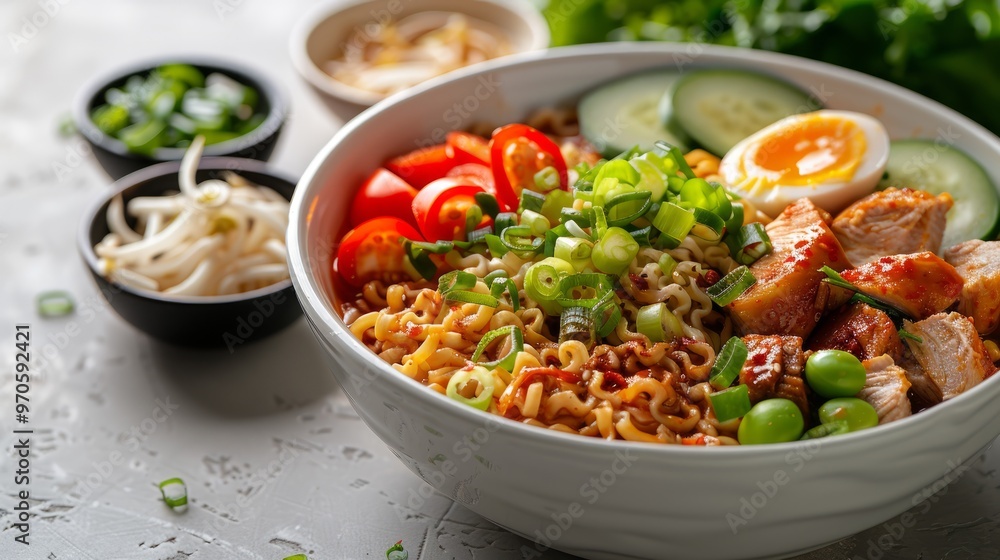 Noodles with Chicken, in Indonesia it is known as Mie Ayam. Served with green vegetable chili sauce in a bowl on white background. Close up top view flat lay copy space Noodles with Chicken, in Indonesia it is known as Mie Ayam. Served with green vegetable chili sauce in a bowl on white background. Close up top view flat lay copy space