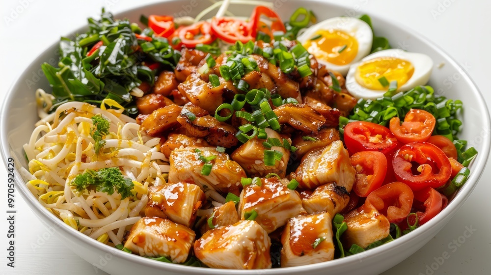 Noodles with Chicken, in Indonesia it is known as Mie Ayam. Served with green vegetable chili sauce in a bowl on white background. Close up top view flat lay copy space Noodles with Chicken, in Indonesia it is known as Mie Ayam. Served with green vegetable chili sauce in a bowl on white background. Close up top view flat lay copy space