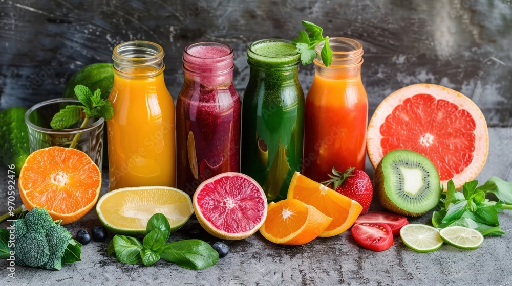 Juice detox plan layout with a range of colorful nutrient-packed juices Juice detox plan layout with a range of colorful nutrient-packed juices