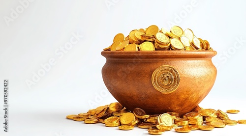 Innovative abstract, banner or poster for Dhanteras with Goddess Maa Lakshmi/ Pot full of golden coins for Indian Dhanteras and Diwali festival celebration

 photo