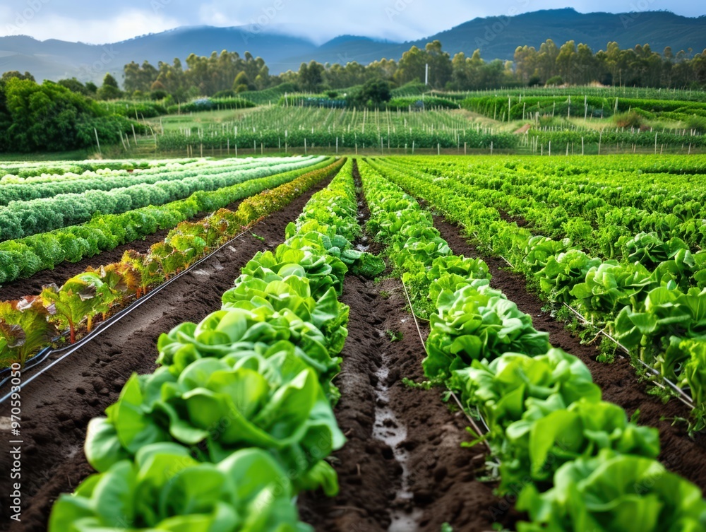 Organic farm setting with rows of fresh produce and farmers harvesting Organic farm setting with rows of fresh produce and farmers harvesting