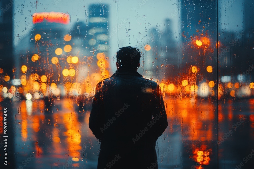 Person looking out through wet window at night city lights Person looking out through wet window at night city lights