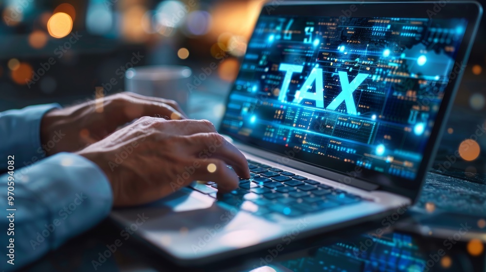 Close-up of a businessman's hands using a laptop with digital icons and the word Close-up of a businessman's hands using a laptop with digital icons and the word