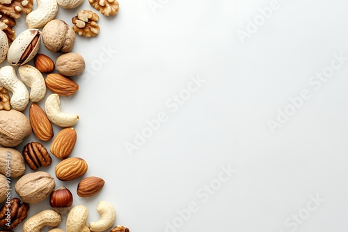 Assorted nuts on a white background, leaving space for text or graphics.