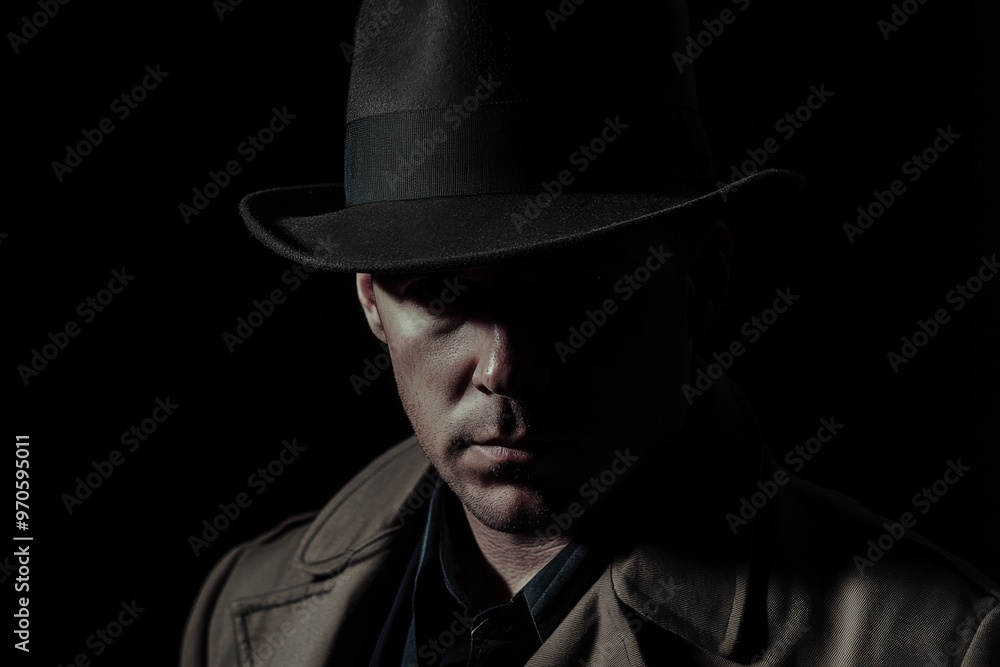 Shadowy silhouette of a man wearing a stylish hat and coat stands against a deep and dark background Shadowy silhouette of a man wearing a stylish hat and coat stands against a deep and dark background
