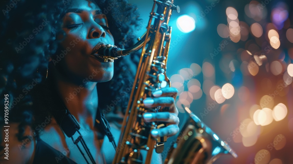 Fototapeta premium African American woman passionately playing the saxophone in a club closeup shot, showcasing musical expression