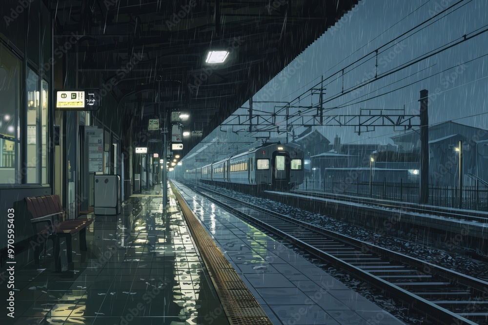 A Cozy Rainy Train Station With Glowing Streetlights And Reflections On Wet Tracks Creating A Serene Vibe. Cozy Vibe, Generative AI A Cozy Rainy Train Station With Glowing Streetlights And Reflections On Wet Tracks Creating A Serene Vibe. Cozy Vibe, Generative AI