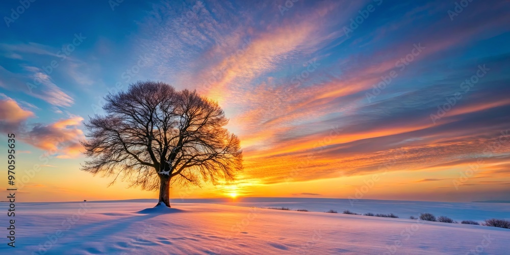 Obraz premium Lonely tree standing in snowy landscape during vibrant sunset