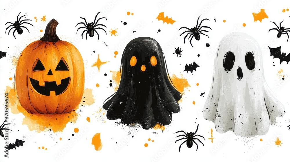 A soft, spooky Halloween fabric with ghost and spider motifs, arranged in a seamless pattern, on a white background A soft, spooky Halloween fabric with ghost and spider motifs, arranged in a seamless pattern, on a white background