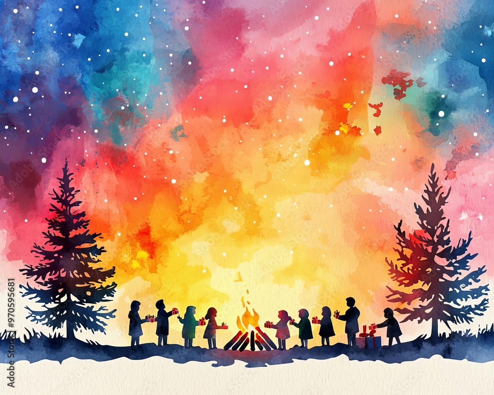 Couple exchanging Christmas gifts by the fire, warm glow, holiday love, Watercolor style Couple exchanging Christmas gifts by the fire, warm glow, holiday love, Watercolor style
