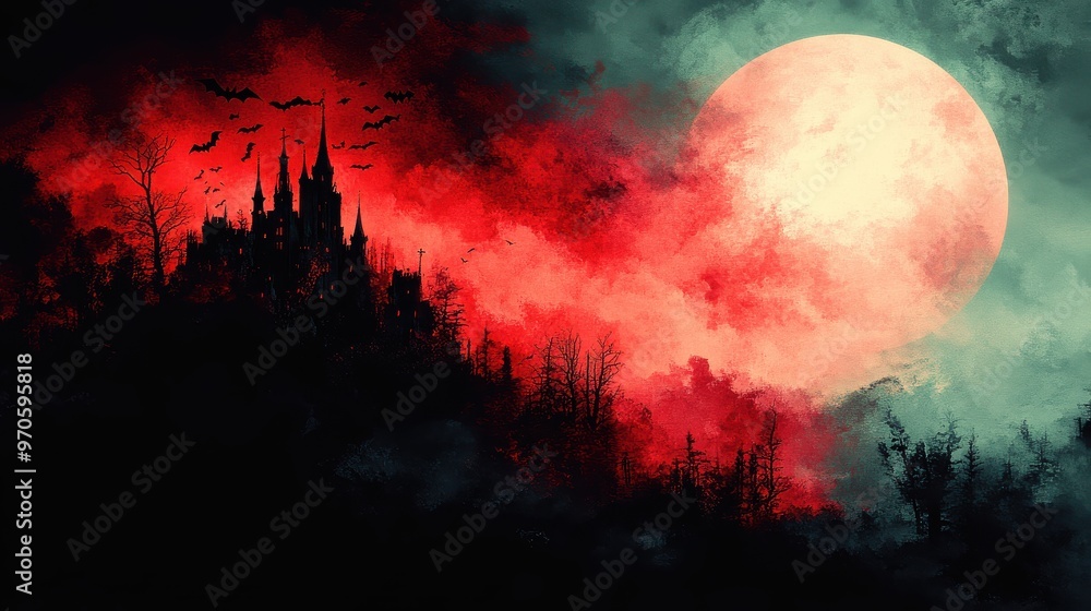 A spooky castle under a full Halloween moon, with dark clouds and bats flying, isolated on a white background A spooky castle under a full Halloween moon, with dark clouds and bats flying, isolated on a white background