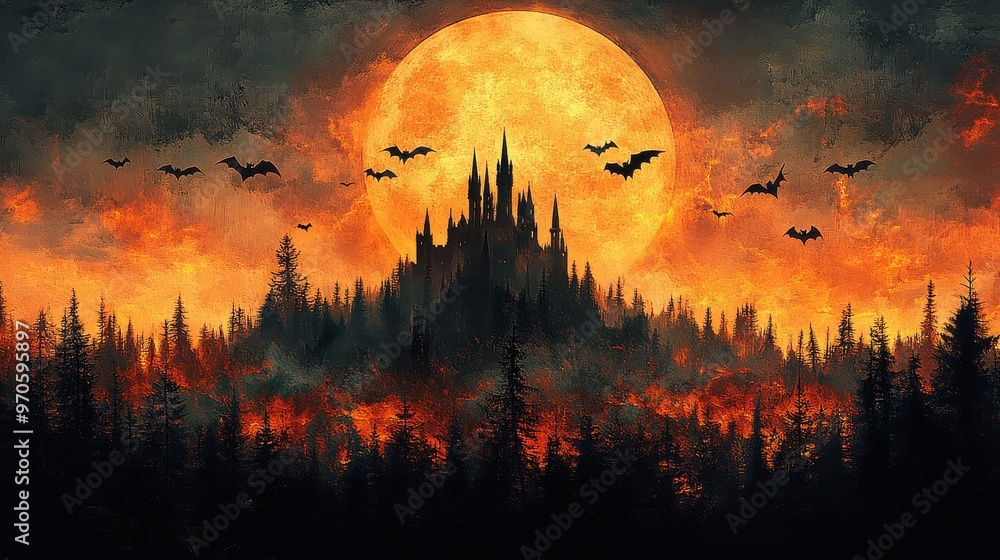 A spooky castle under a full Halloween moon, with dark clouds and bats flying, isolated on a white background A spooky castle under a full Halloween moon, with dark clouds and bats flying, isolated on a white background